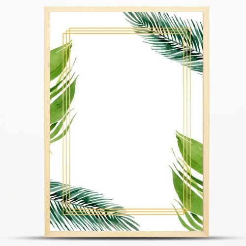 Palm beach tree leaves jungle botanical. Watercolor background illustration set. Frame border ornament square.