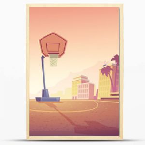 Tło kreskówek wektorowych z boiskiem do koszykówki w mieście boisko lekkoatletyczne z koszem na tablicy i pierścieniem Boisko sportowe na świeżym powietrzu