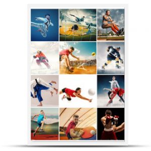 Kreatywny kolaż złożony ze zdjęć 29 modelek Tenis Bieganie badminton Pływanie Koszykówka Piłka ręczna Siatkówka Futbol amerykański