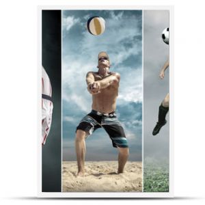 Collage of professional sport athlettes. Baseball, basketball, beach volleyball, soccer, football, swimming.