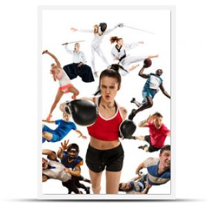 Sport collage about kickboxing, soccer, american football, basketball, badminton, taekwondo, tennis, rugby