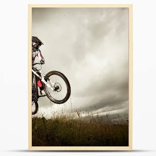 Young man riding a mountain bike downhill style