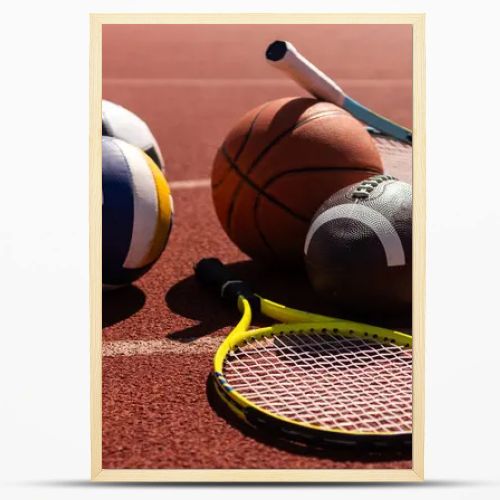 Set of sport equipment, soccer basketball balls and tennis rackets.