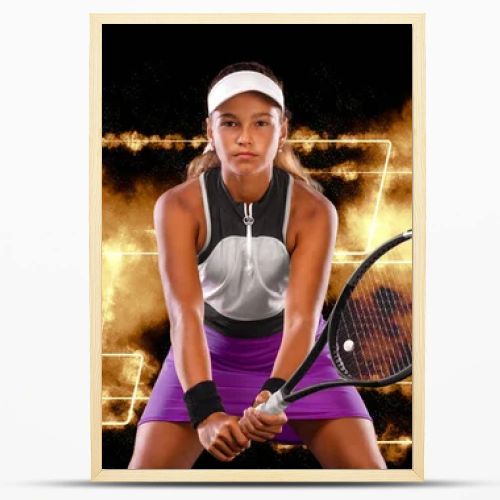 Tennis player. Beautiful girl teenager and athlete with racket in pink sporswear and hat on tennis court. Fashion and sport concepts