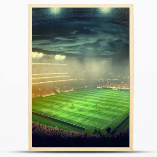 Playing field inside a soccer stadium at night. 3D Rendering