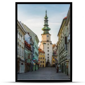 Empty Michalska Street in Bratislava Old Town During Coronavirus Pandemic with Michael's Tower (Michalska Brana) in Background in Slovakia