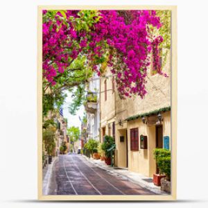 Beautiful view to the little streets of the old town Plaka of Athens, Greece with colorful houses and blooming bougainvillea flowers