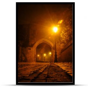 Illuminated cobbled street in an old town with light reflections on cobblestones, large archway