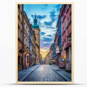 Evening view on Piwna street Warsaw, Poland. View of the old town in the historic center of Warsaw.