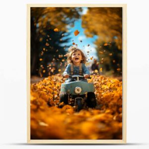 lachender Junge im Spielzeugauto im Herbst