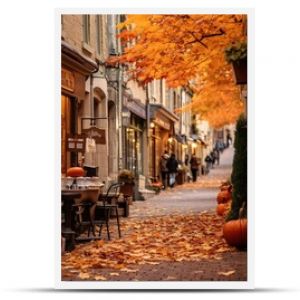 brukowana ulica w historycznym mieście Spalone pomarańczowe i ciemnoczerwone liście opadły i rozsypały ścieżkę W witrynach sklepowych wyświetlana jest dynia