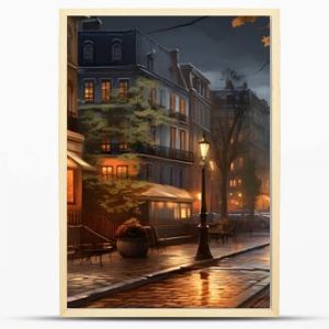 Digital painting of a street in the old town at night, Paris, France