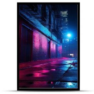 night street in the city, Neon-lit brick texture with red and blue accents, urban nightlife vibes, intense neon lighting, street art background