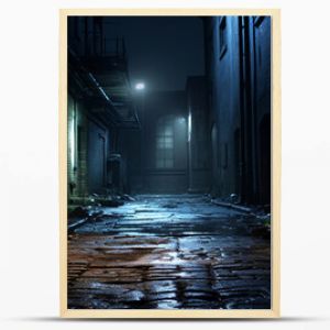 night streets of a poor district of a big city, banner made with The spooky old ruin narrow corridor vanished into the darkness Lonely deserted abandoned alley in light of rare lanterns 