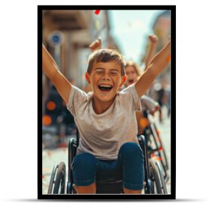 Smiling kids in wheelchairs celebrating victory, holding up their arms and cheering with friends on the street