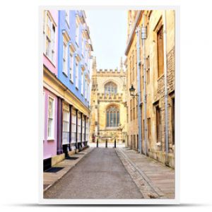 Colorful pastel buildings on a street in the University district of Oxford, England