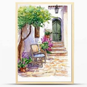 watercolor landscape, streets of summer southern city, flowers on the street, sketch style