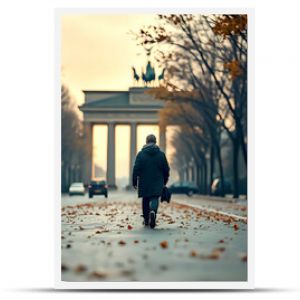 Yellow fall leaves lie on the old streets of Berlin with classic architecture. The setting creates a nostalgic atmosphere.