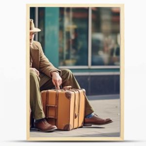 poor Senior old man sitting with suitcase on the city street