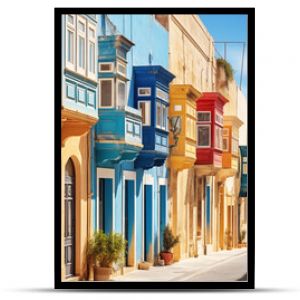 Valletta Maltese traditional colorful houses with balconies narrow city streets at sunny day. Travel concept