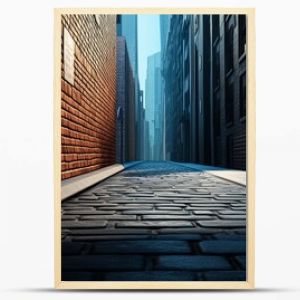  Cityscape with tall brick wall and shadowed street: A city street partially shaded by a tall brick wall,