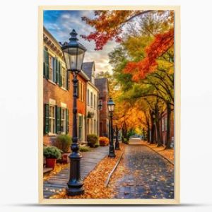 Vibrant autumn foliage frames historic 18th-century buildings, quaint cobblestone streets, and ornate lamp posts in Old Town Alexandria on a crisp fall morning.