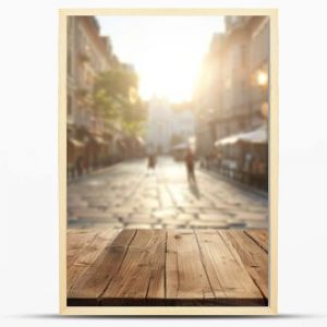 Wooden Tabletop with Blurry Background of a Sunny City Street