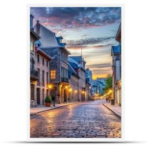 Charming old town Montreal with famous cobbled streets illuminated at twilight