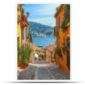 France, French Riviera, Villefranche old city streets in historic city center near sea promenade, Generative AI