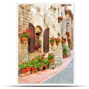 Malownicza uliczka z kwiatami we włoskim miasteczku na wzgórzu