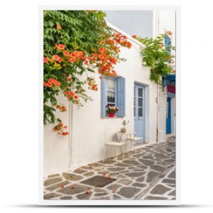 View of a typical narrow street in old town of Parikia, Paros island, Greece