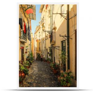 A narrow street in Alfama district in Lisbon, Portugal