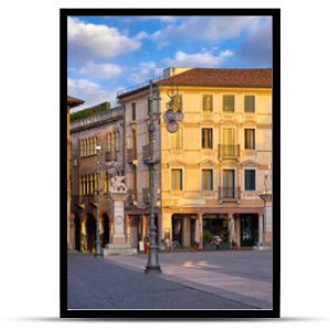 Bassano del grappa Italy. Square freedom. Landscape old town with italian architecture and street lamp. Sunrise at deserted street.