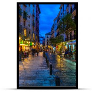 Old street in Madrid, Spain. Architecture and landmark of Madrid. Night cityscape of Madrid.