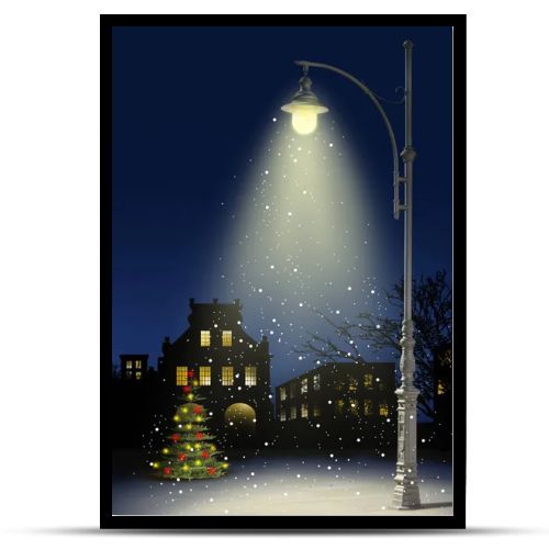 night with a Christmas tree and a lamp, falling snow