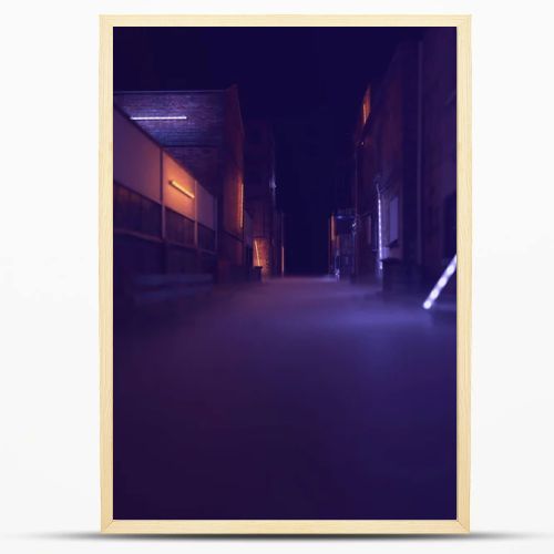 Misty industrial alley with neon lights in the night. 3D render.