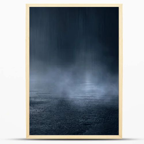 Dark street, wet asphalt, reflections of rays in the water. Abstract dark blue background, smoke, smog. Empty dark scene, neon light, spotlights. Concrete floor