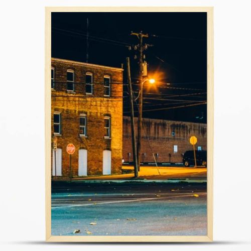 Old buildings at night in Hanover, Pennsylvania. 