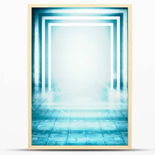 The background of an empty room with brick walls and concrete floor tiles. Blue neon light, spotlight, laser figures, smoke
