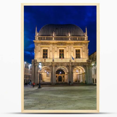 Palazzo della Loggia palace Town Hall Renaissance style building and street lights in Piazza della Loggia Square