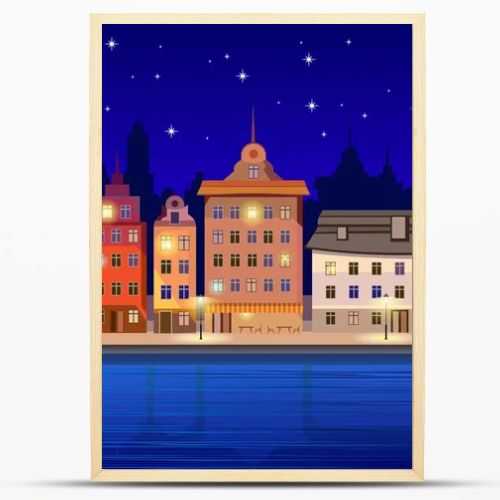 Urban landscape at night. Ancient houses on the waterfront. Flat design.