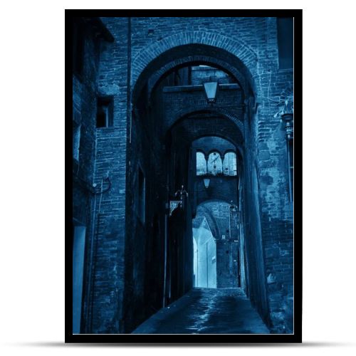 Street view with old buildings and archway in Siena, Italy.