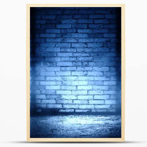 Background of empty brick wall, concrete floor, neon light, searchlight rays, smoke, smog