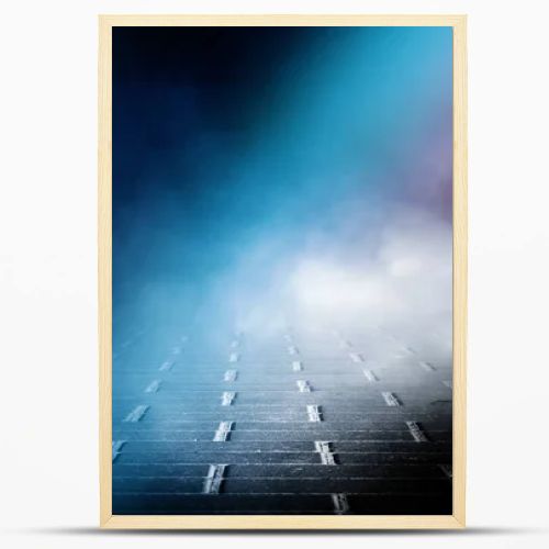 Dark empty stage, blue and orange neon spotlight, wet asphalt, s