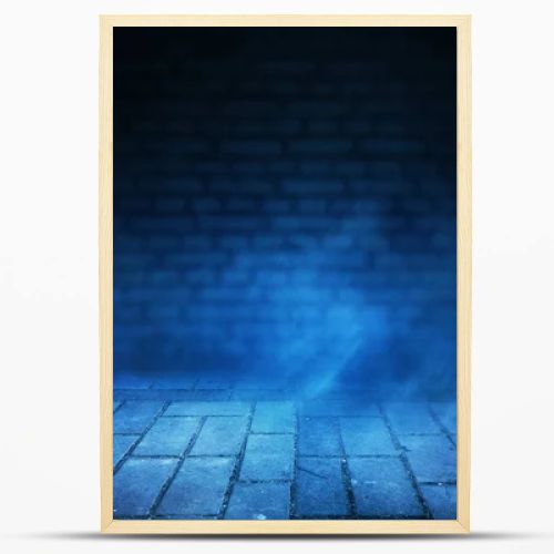 Empty scene background. Background of blurred old brick wall, neon spotlight, fog