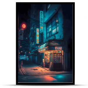 Ulice nocnego miasta Tokio, neony, ręcznie rysowane ilustracja Generacyjna sztuczna inteligencja