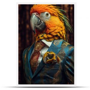 Papuga ubrana w elegancki, nowoczesny garnitur z ładnym krawatem Modowy portret antropomorficznego zwierzęcia sfotografowanego w charyzmatycznym stylu