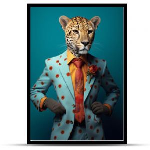 Gepard udający ludzki model ubrany w swobodny garnitur z kwiatowymi detalami Zwierzę o ludzkim charakterze i postawie Generacyjna sztuczna inteligencja