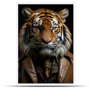 Portret człowieka z głową tygrysa, ubranego w brązową kurtkę, izolowany na czarnym tle