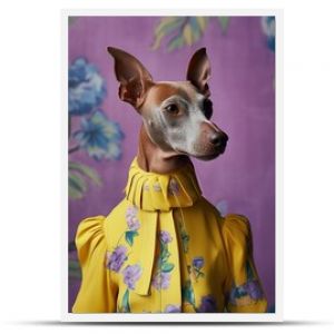 Psotny, antropomorficzny pies w jaskrawo żółtej sukience ozdobionej pojedynczym fioletowym kwiatem wywołuje falę